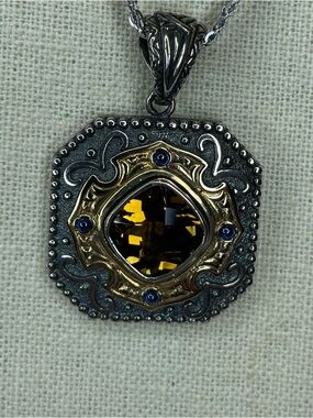 Golden Brown Stone & Blue Stones SS Pendant  with Three Strand SS Necklace